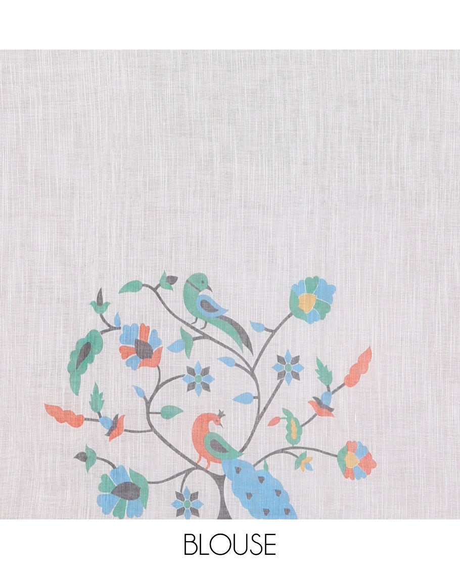 White buttas linen cotton saree, self-border of floral and peacock motifs paithani style printed border, pallu and plain blouse
