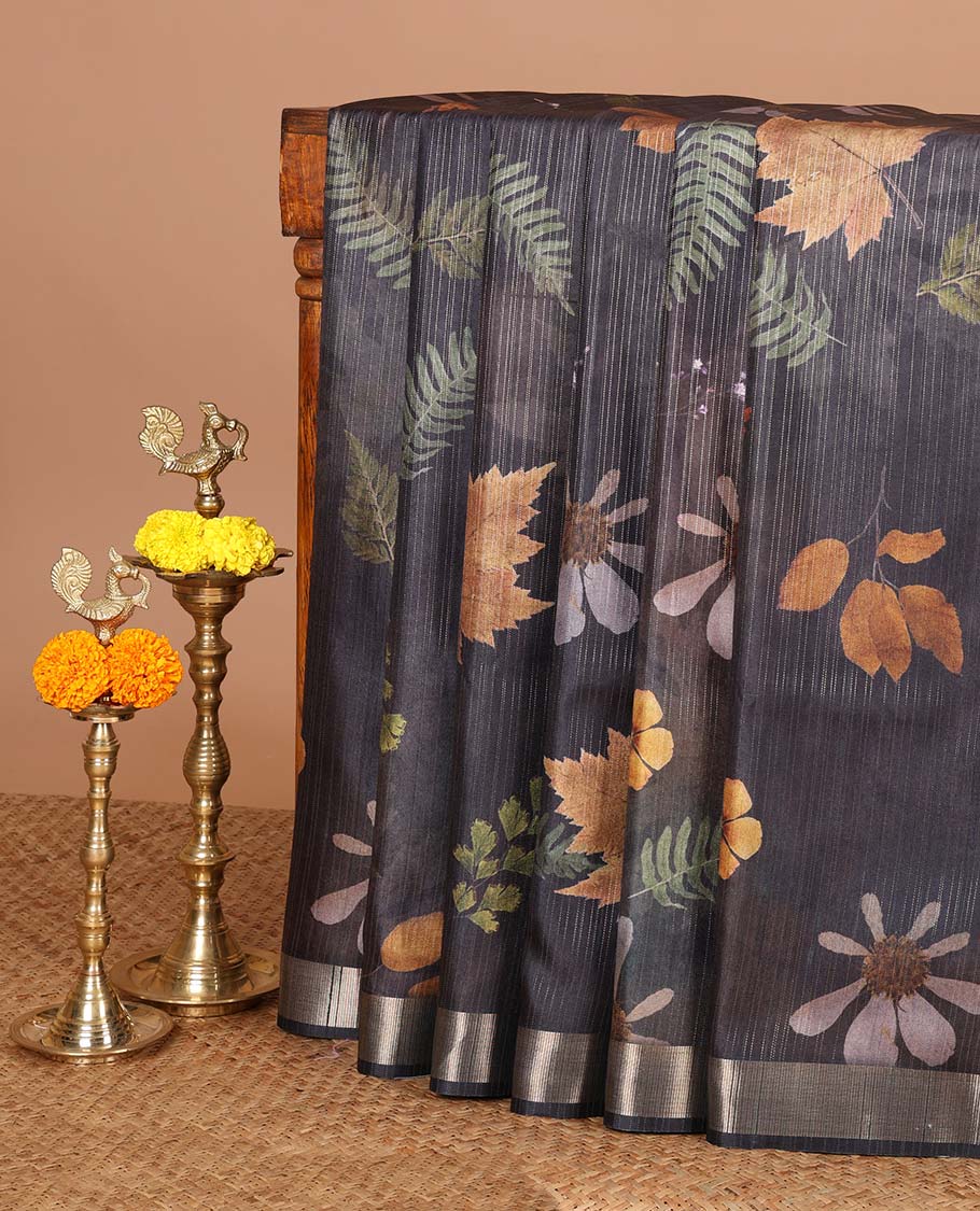 Bottle green floral digital print khicha tussar saree with zari border & lining pallu along with printed blouse