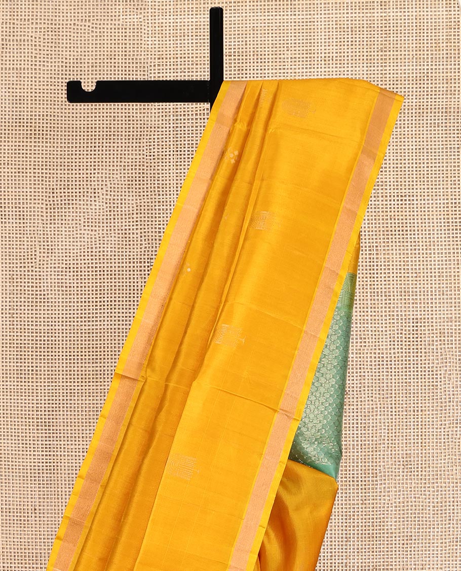Mustard Mayuri Soft Silk Saree, Subtly Sparkled with Buttas, a Zari Border, Contrast Zari Design Pallu, and a Contrast Blouse