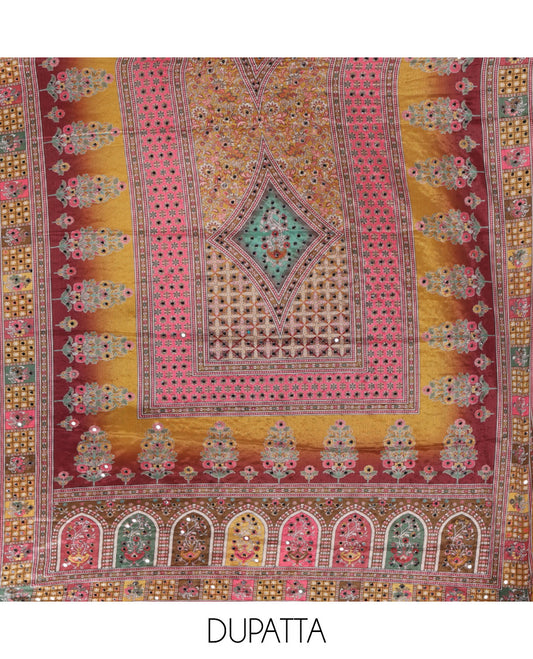 Pink chudidar material set, floral & geometric printed with mirror work crepe top, mughal-style floral printed & mirror work chinon dupatta & plain crepe bottom