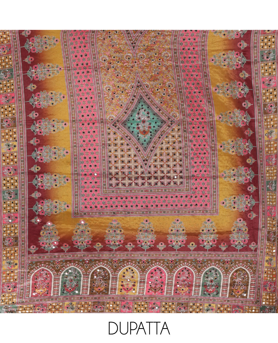 Pink chudidar material set, floral & geometric printed with mirror work crepe top, mughal-style floral printed & mirror work chinon dupatta & plain crepe bottom
