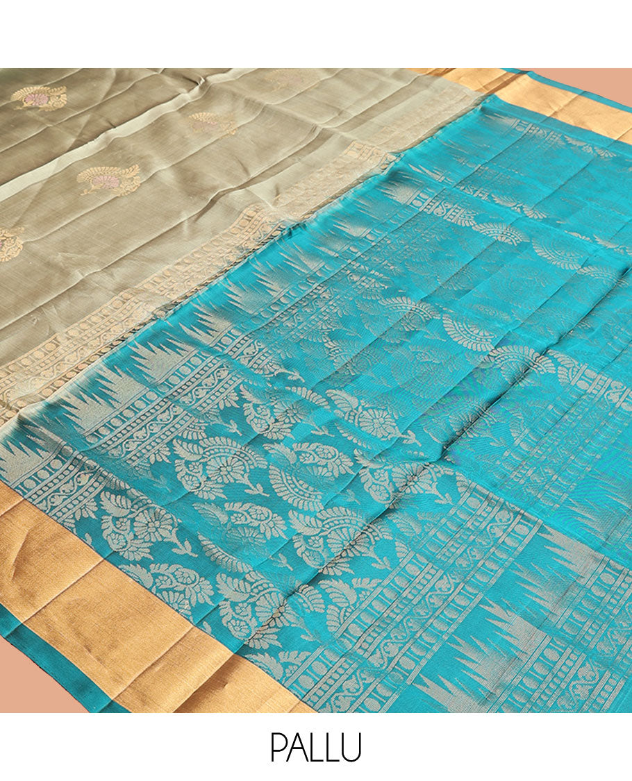 Green Mayuri Lite Silk Mix Saree, Subtly Sparkled with Zari Buttas on Its Body, Complemented by a Contrast Bavanji Border, a Contrast Pallu of Intricate Designs, and Paired with a Contrast Blouse