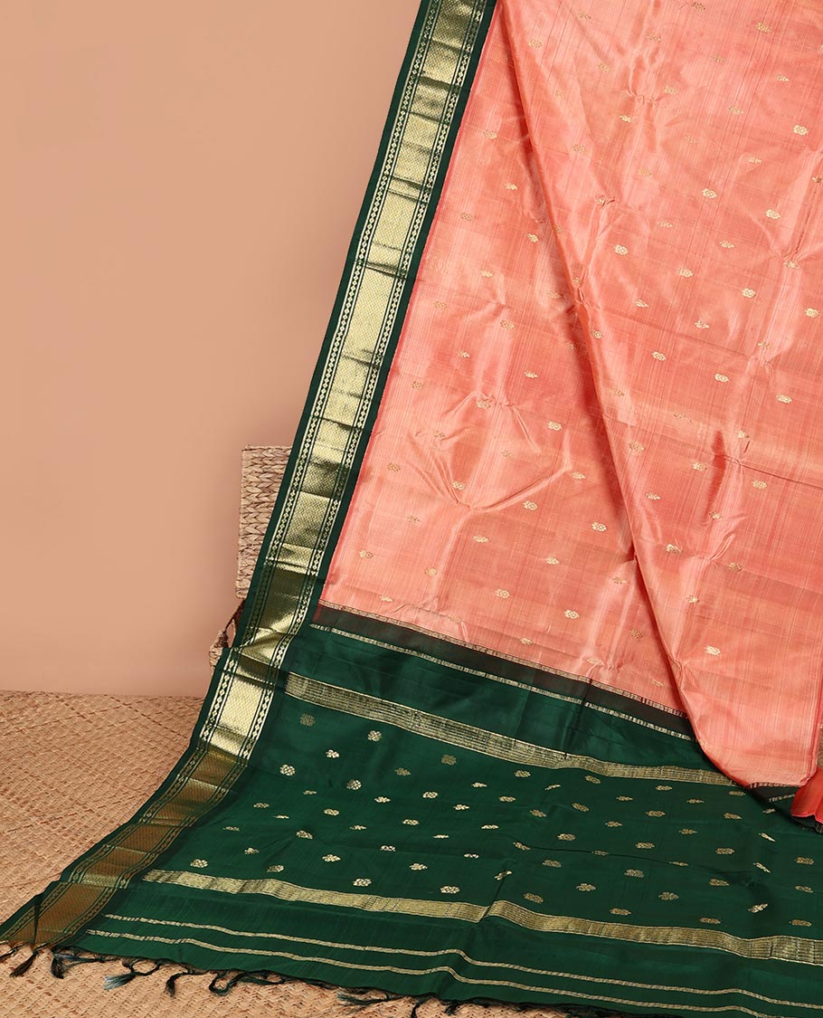 Pink floral  buttas kancheepuram silk saree with contrast korvai border of banaras, mayil kann design & zari design pallu