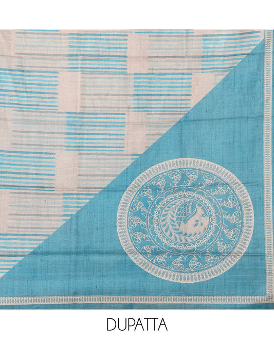 Chikku semi-tussar material chudidar set,geometric & round peacock motif print top, blue bottom & geometric & round peacock print dupatta