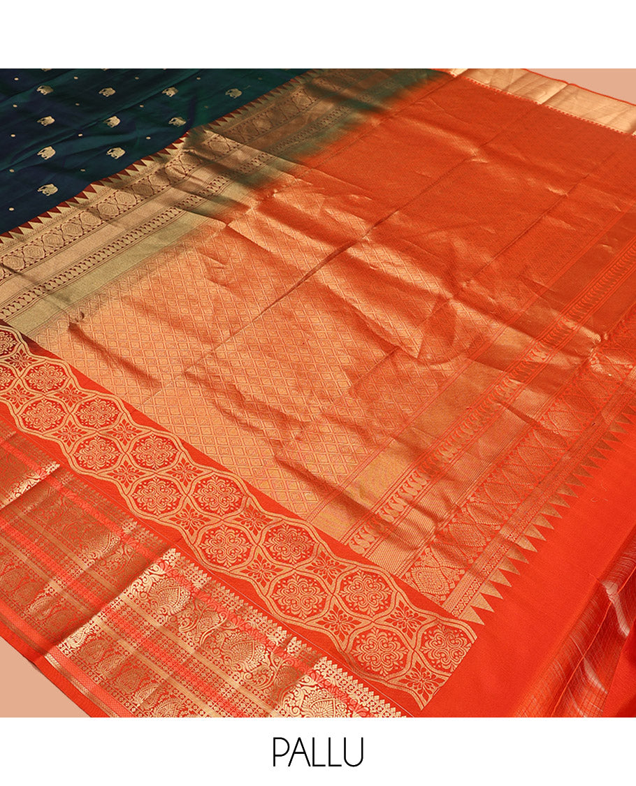 Blue Vasundhara Silk Saree, Embellished with Zari Buttas All Over Its Body, Complemented by a Contrast Border of Kuyil Kann, and Yaanai Designs, Grand Jaal Pallu, and Paired with a Contrast Blouse