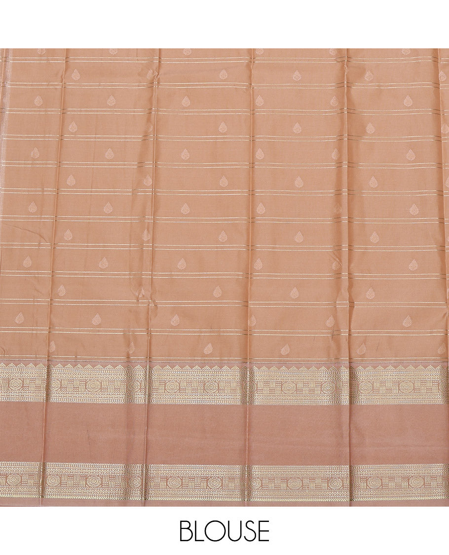 Chocolate Brown Budget Silk Saree, Richly Detailed with Zari Buttas and Stripes on Its Body, Complemented by a Contrast Traditional Zari Design Rettai Pettu Border, Pallu of Jaal Designs, and Paired with a Contrast Blouse