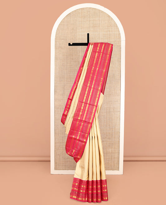Sandal Zari Design Kanchipuram Wedding Silk Saree, Contrast Border of Salngai, Muthu, Kathir, Banaras, Mayil, and Dhavana Kodi Designs, Jaal Pallu, and Contrast Blouse