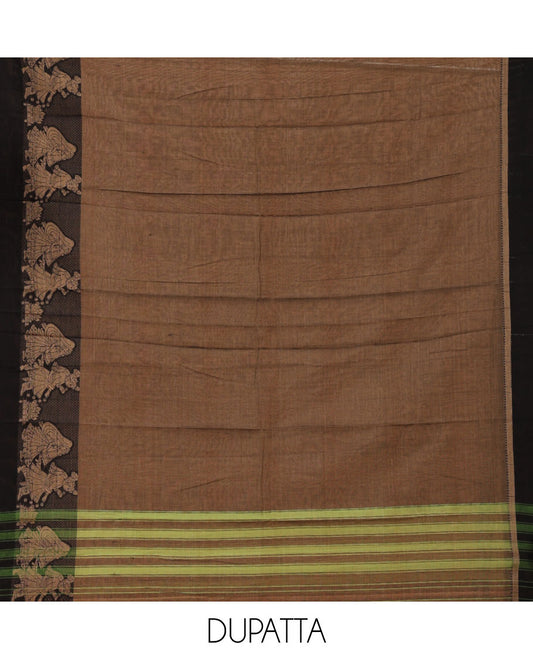Walnut brown mercerised cotton material chudidar set, Madhubani-style bride-groom motif woven top, bottom & dupatta