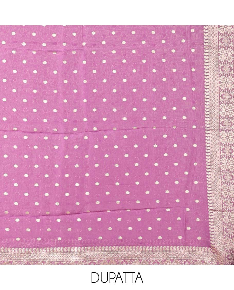 Purple material chudidhar set, floral print & embroidered top, plain bottom & buttas dupatta