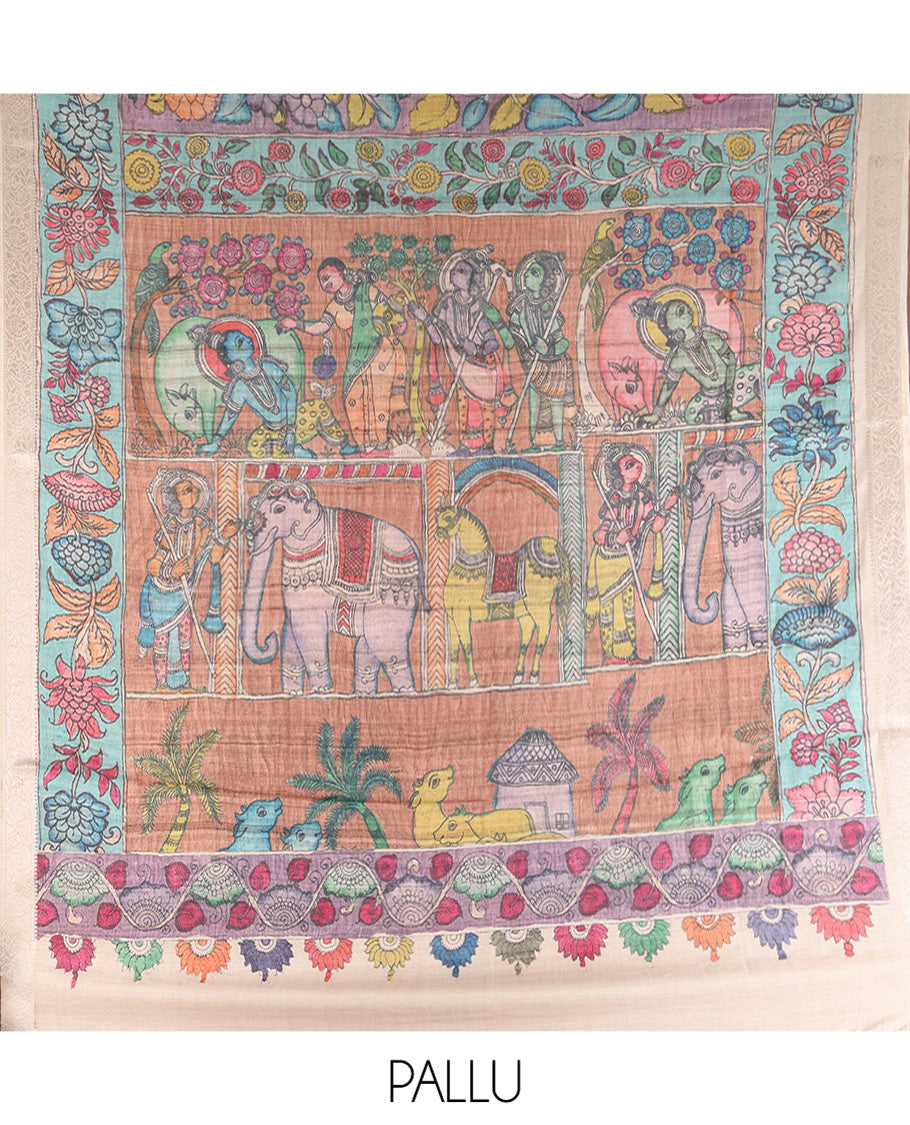 Lavender Kalamkari Printed Fancy Tussar Saree