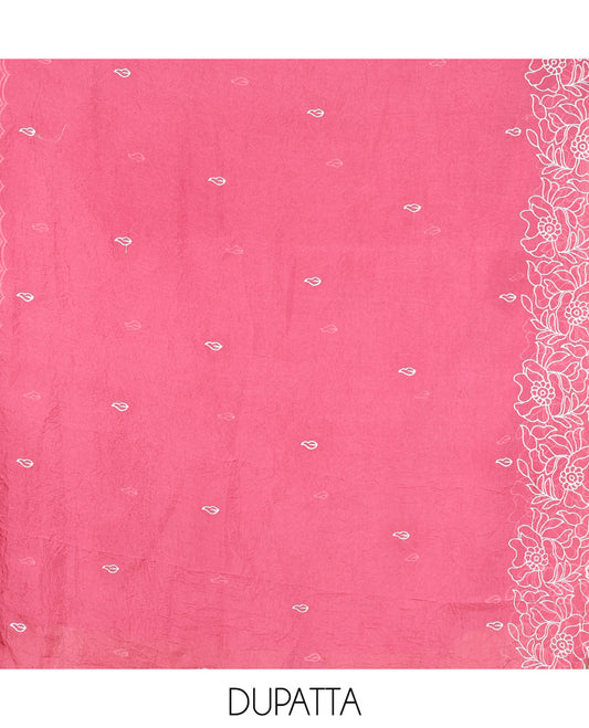 Cream-Pink Organza Material Chudidar, Floral Thread Embroidery Top, Contrast Bottom, and Embroidered Scallop Dupatta