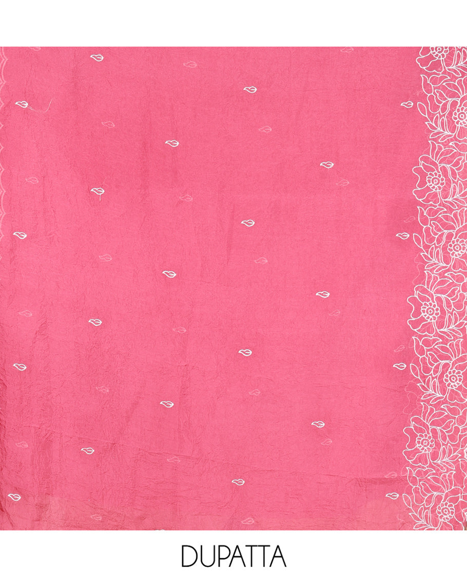Cream-Pink Organza Material Chudidar, Floral Thread Embroidery Top, Contrast Bottom, and Embroidered Scallop Dupatta