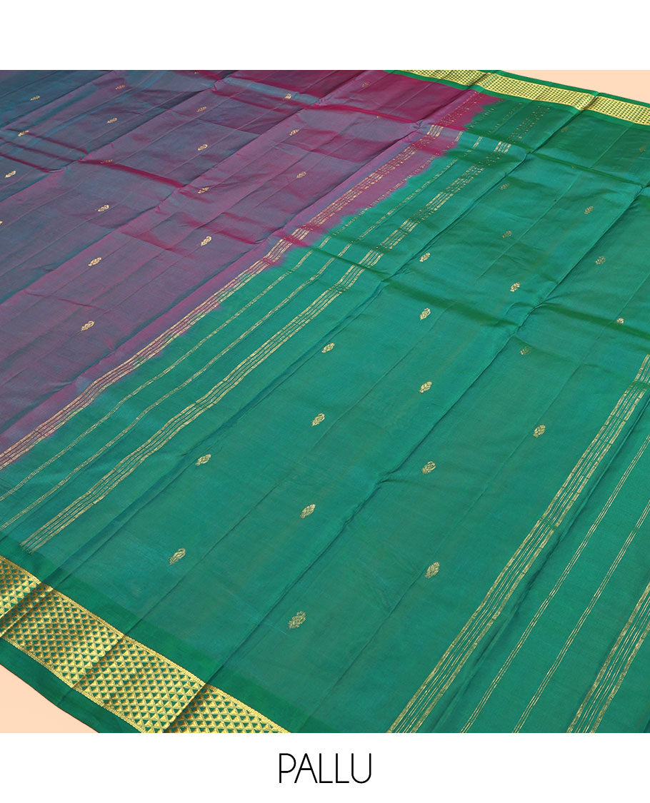 Blue Dual-Tone Kanchipuram Silk Saree, Woven with Zari Buttas, a Contrast Ara Maadam Border, Zari Design Pallu, and a Contrast Blouse