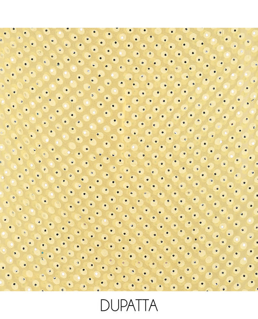 Yellow material chudidar set, paisleys and jaal schiffli sequins embroidered mul georgette top, a matching bottom, and a mirror work dupatta