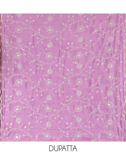 Cream with Lavender Vichitra Silk Material Chudidar Set, Elevated with Gold Zari Buttas On Its Top, a Plain Santoon Bottom, and Comes with a Floral Vine Sequins Embroidered Dupatta
