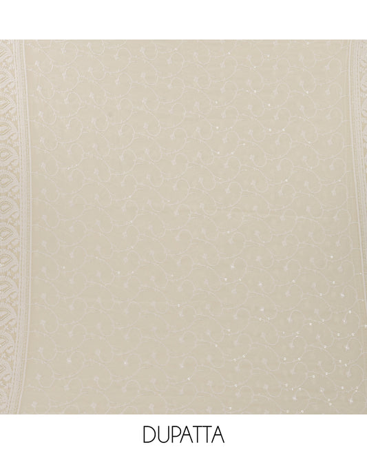 Cream chudidar material set,floral Schiffli chikankari embroidery, georgette top & vine chikankari embroidery & sequins work dupatta
