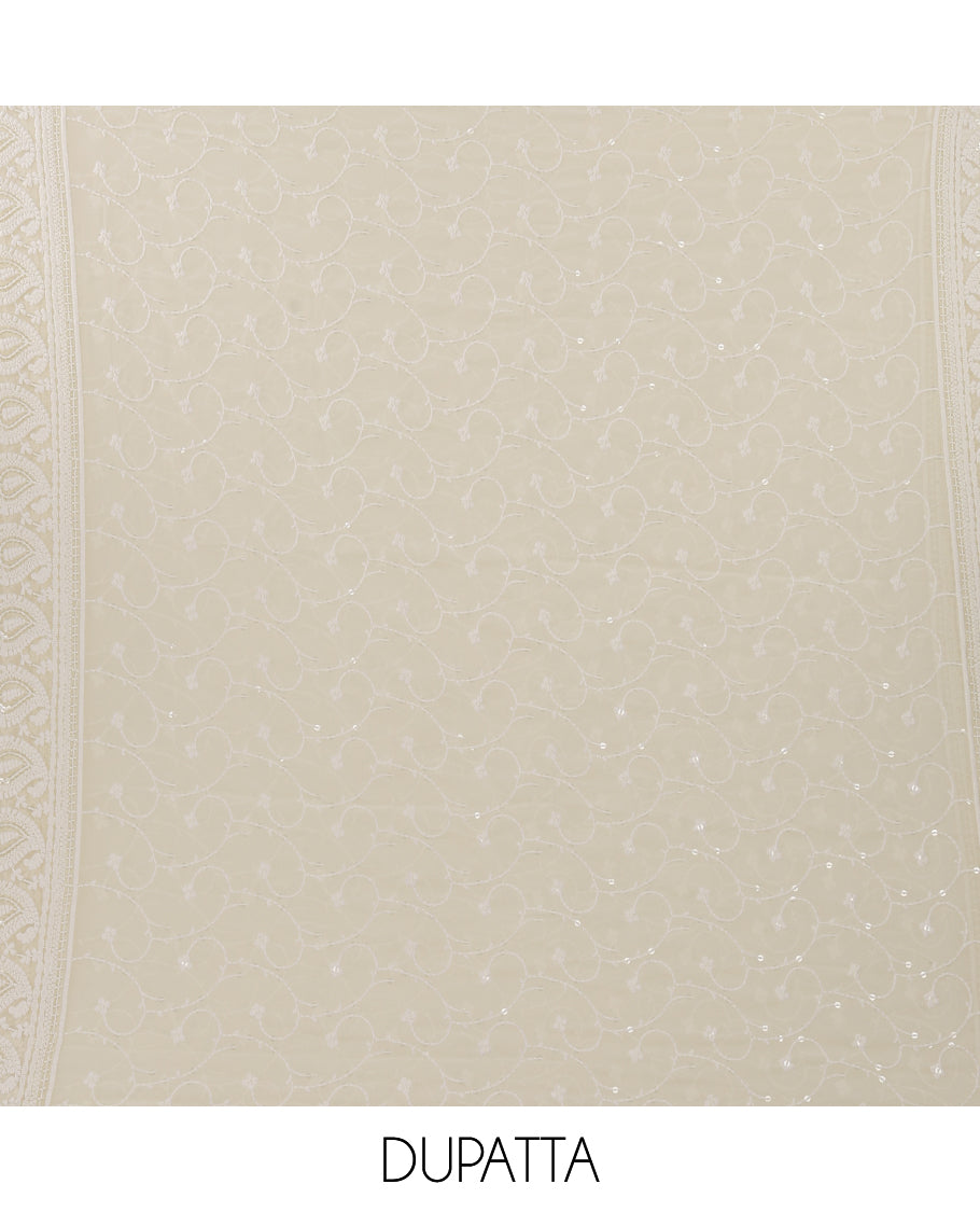 Cream chudidar material set,floral Schiffli chikankari embroidery, georgette top & vine chikankari embroidery & sequins work dupatta