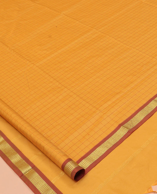 Yellow Checked Nine-Yard Saree, Complemented by a Contrast Zari Border, Striped Pallu, and No Blouse