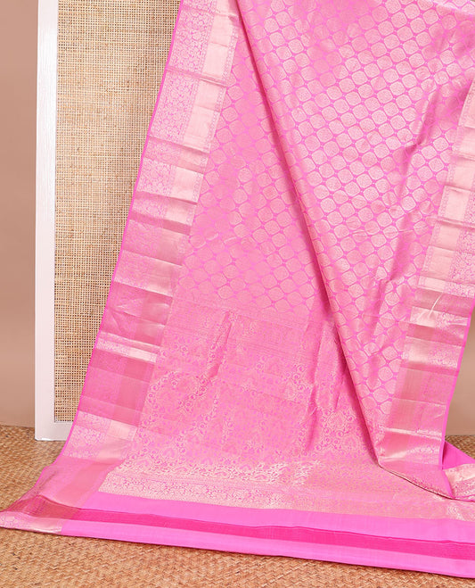 Light pink ogee design kancheepuram silk saree with self border of intricate zari design & floral design pallu