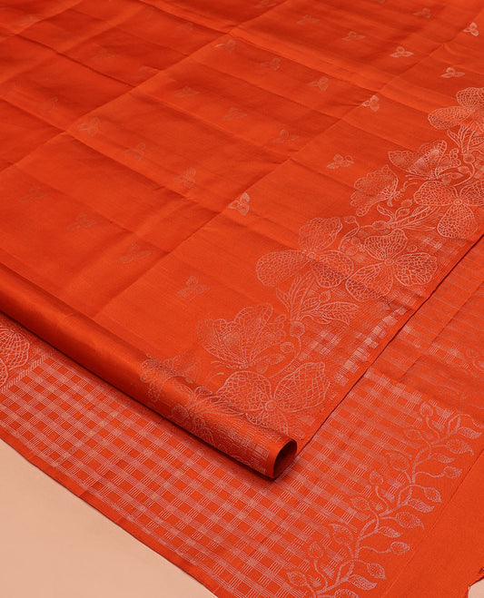 Borderless Orange Mayuri Soft Silk Saree, Sparsely Threaded with Leaf Buttas and Floral Buttas All Over Its Body, Zari Checked Pallu, and Paired with a Matching Blouse