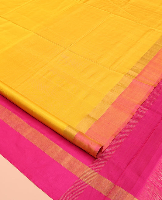 Yellow Plain Uppada Silk Saree, Complemented by a Contrast Plain Border, Plain Pallu, and Paired with a Contrast Blouse