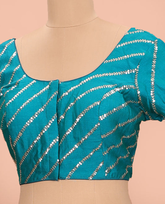 Blue diagonal leaf vine sequins embroidered round neck with elbow sleeve blouse