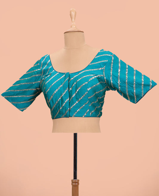 Blue diagonal leaf vine sequins embroidered round neck with elbow sleeve blouse