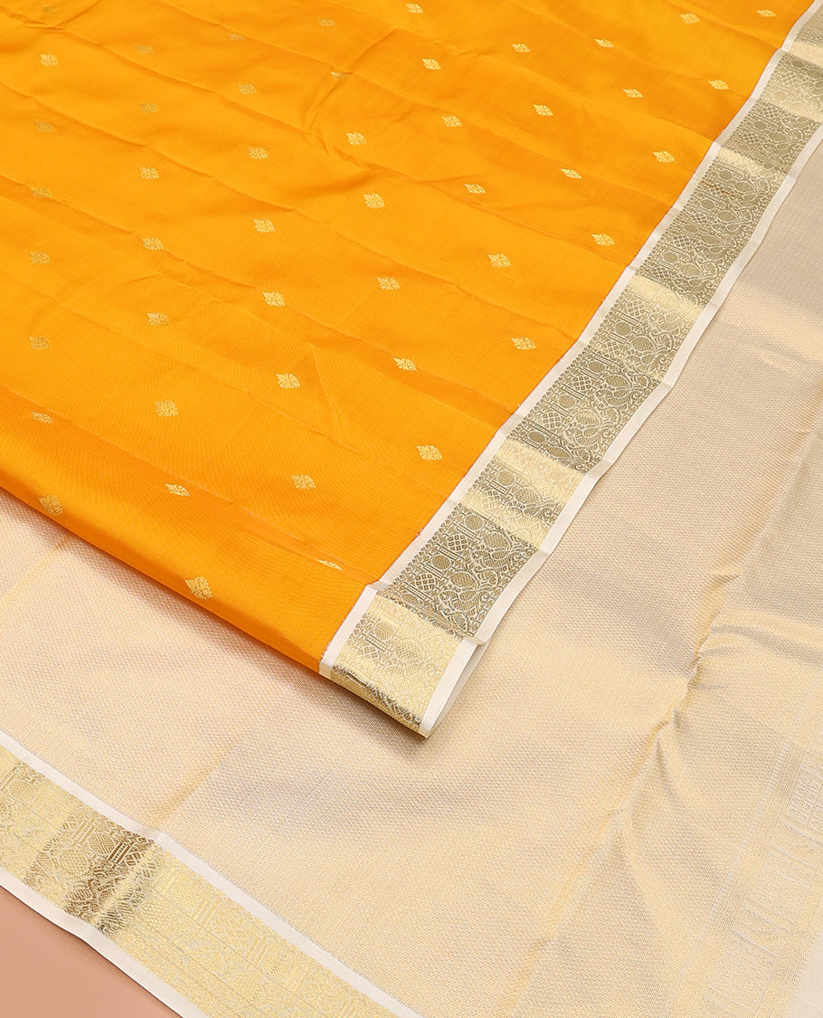 Yellow zari buttas Vasundhara silk mix saree, contrast border of rudraksham and mayil designs, and zari-rich pallu