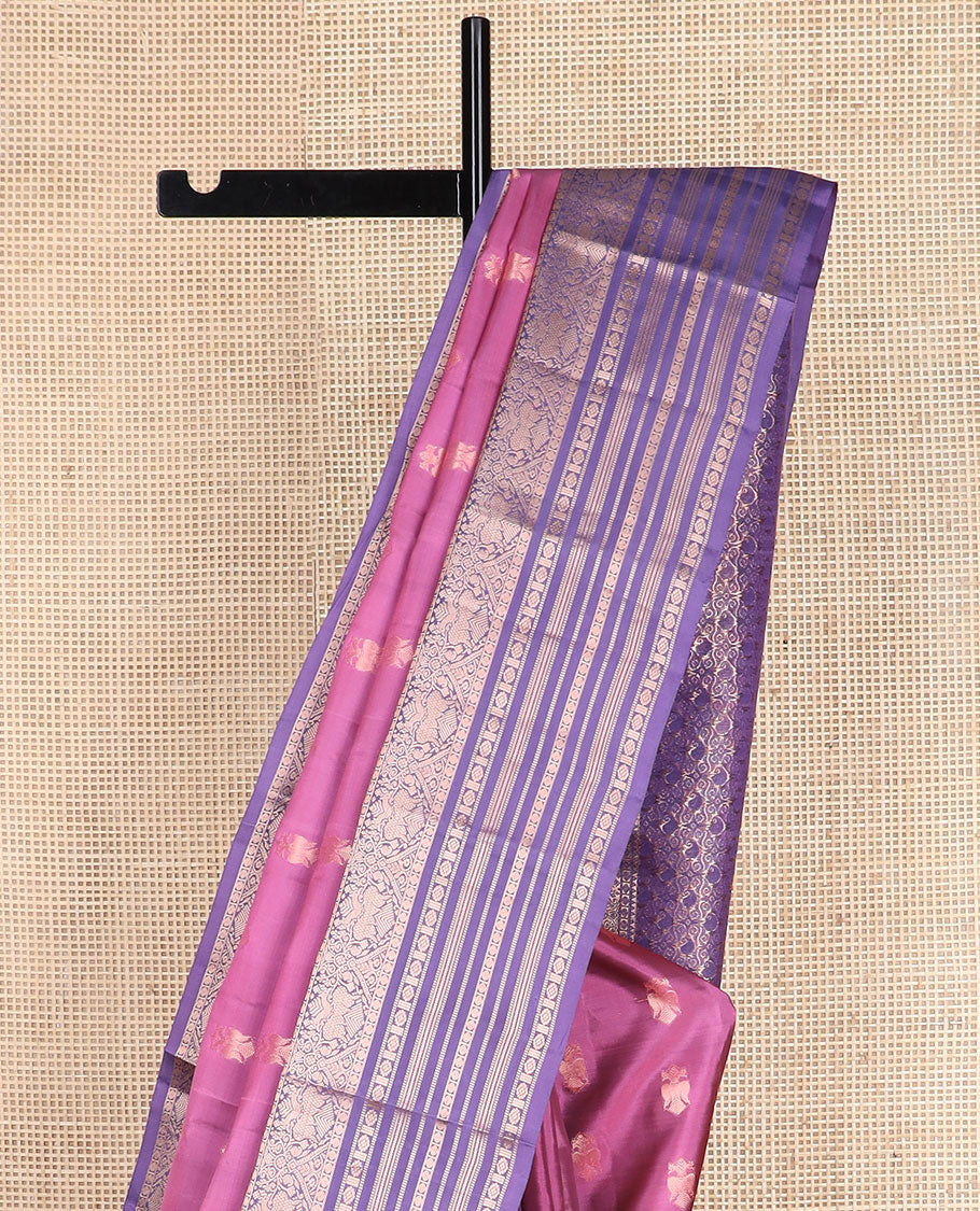 Pink iruthalai pakshi buttas vasundhara silkmix saree, contrast manga enclosed jaal pallu & border of rekku,rudraksham,iruthalai pakshi,muthu,neli & kamalam