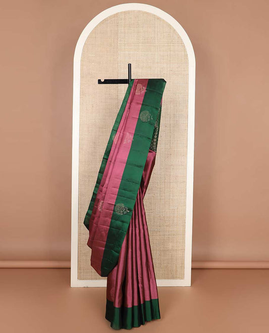 Pink floral buttas silk mix saree, contrast floral buttas border & zari-rich jaal design pallu