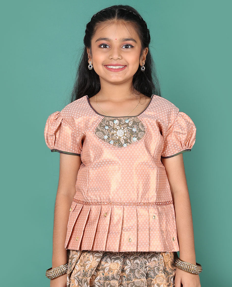 Beige readymade art silk pavadai, floral jacquard & contrast traditional zari border skirt, & jacquard round neck puff-sleeve blouse
