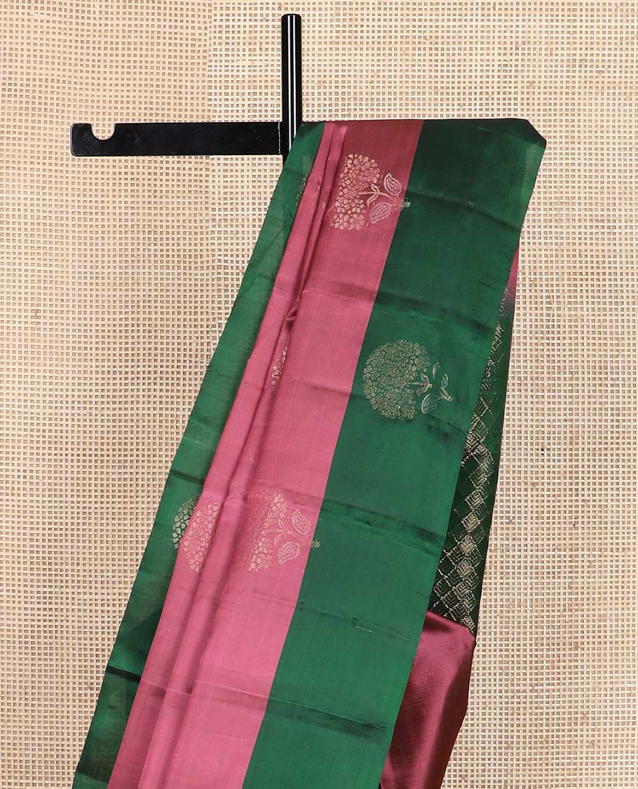 Pink floral buttas silk mix saree, contrast floral buttas border & zari-rich jaal design pallu