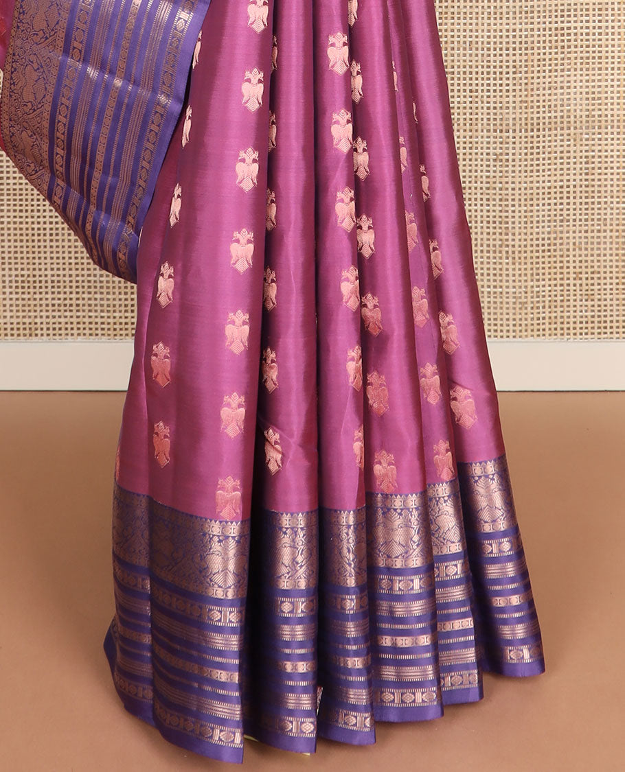 Pink iruthalai pakshi buttas vasundhara silkmix saree, contrast manga enclosed jaal pallu & border of rekku,rudraksham,iruthalai pakshi,muthu,neli & kamalam