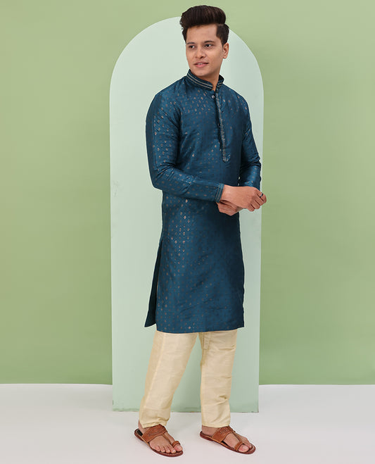Blue antique golden color buttas, and neck embroidered full-sleeved readymade kurta