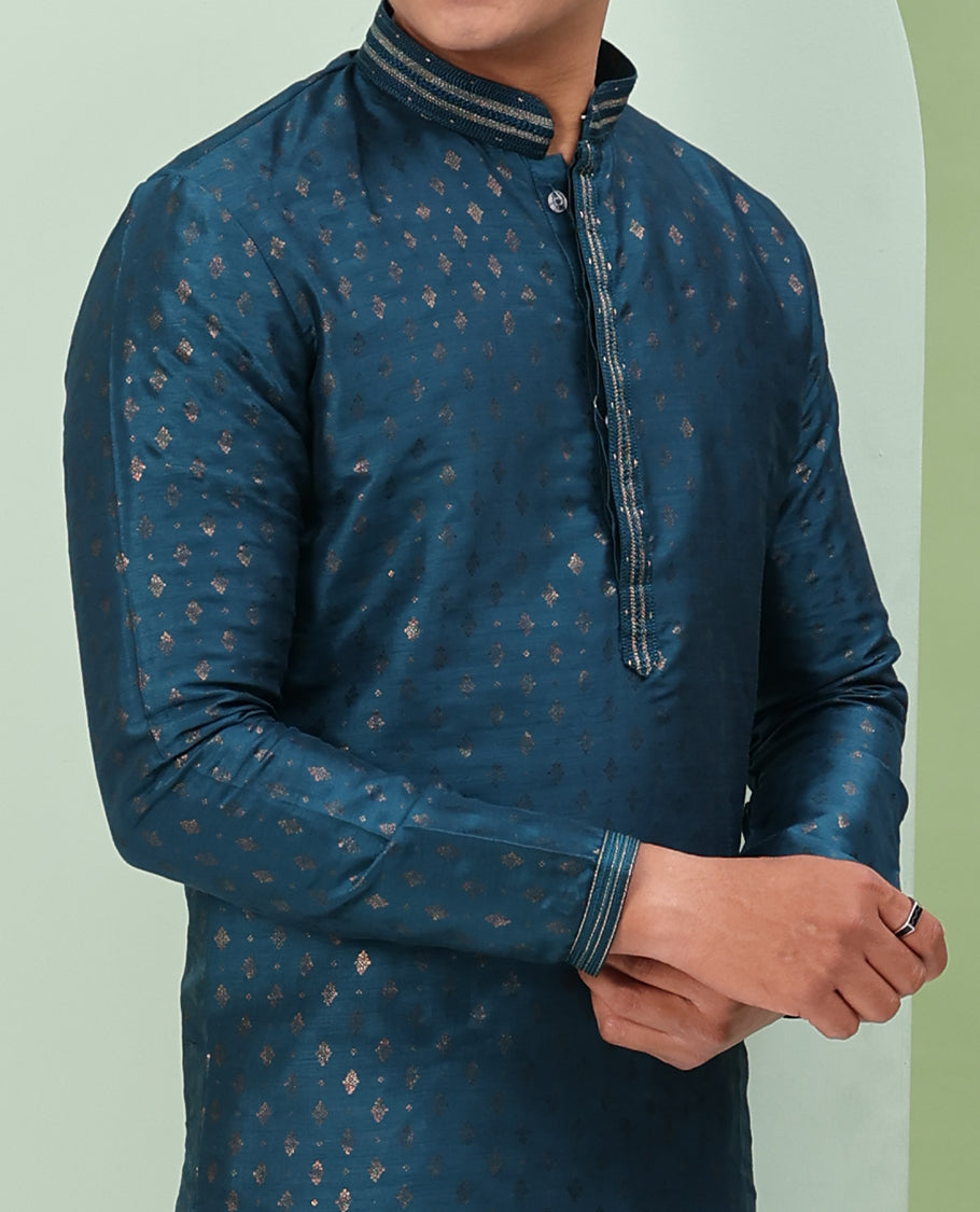 Blue antique golden color buttas, and neck embroidered full-sleeved readymade kurta