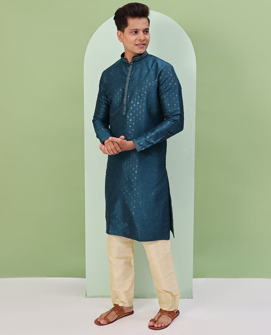 Blue antique golden color buttas, and neck embroidered full-sleeved readymade kurta