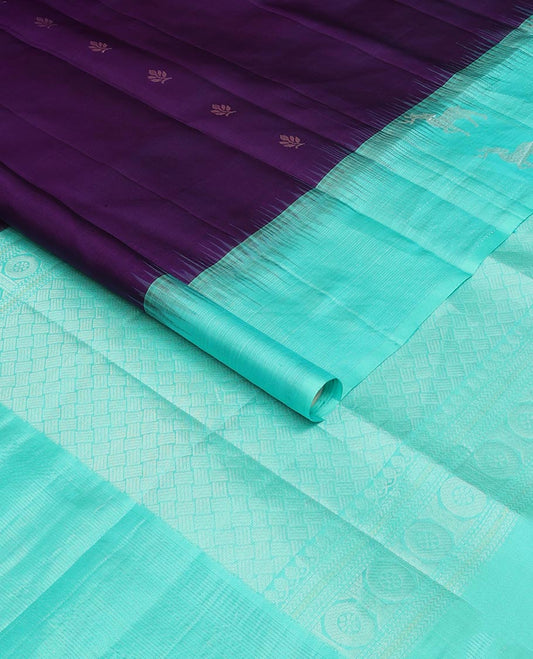 Eggplant purple zari buttas soft silk saree,  contrast maan motifs border & Payadi kattam pallu
