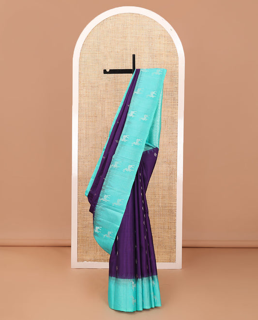 Eggplant purple zari buttas soft silk saree,  contrast maan motifs border & Payadi kattam pallu