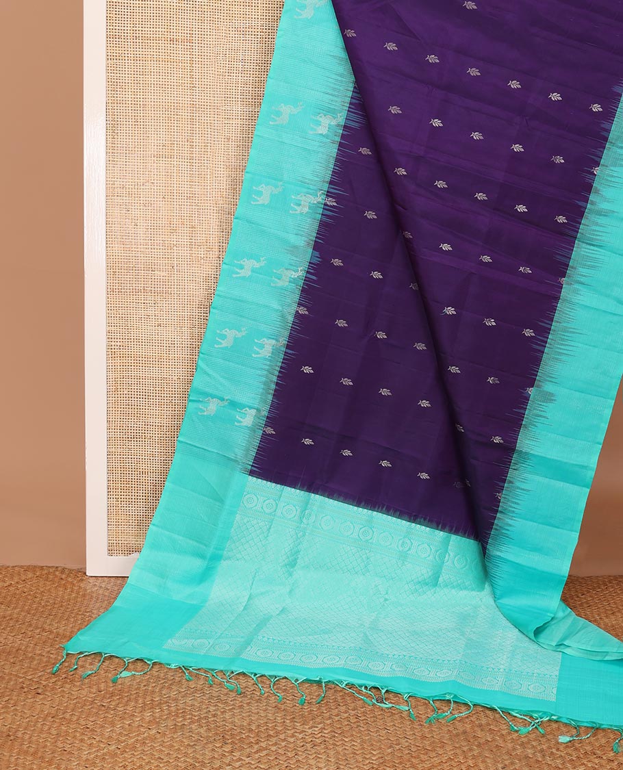 Eggplant purple zari buttas soft silk saree,  contrast maan motifs border & Payadi kattam pallu
