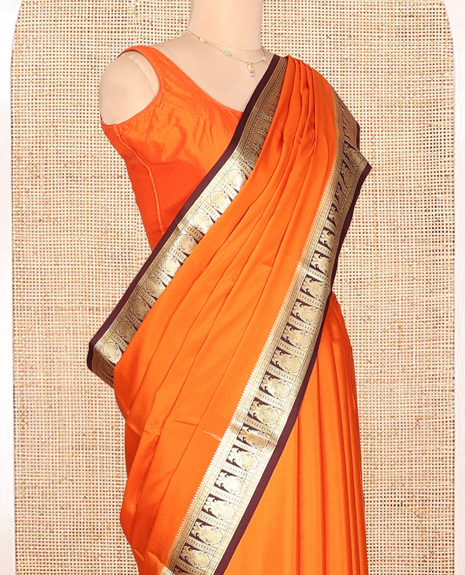 Orange Plain Mysore Silk Saree, Complemented by a Contrast Two-Headed Eagle Zari Border, Zari Design Pallu, and a Contrast Blouse