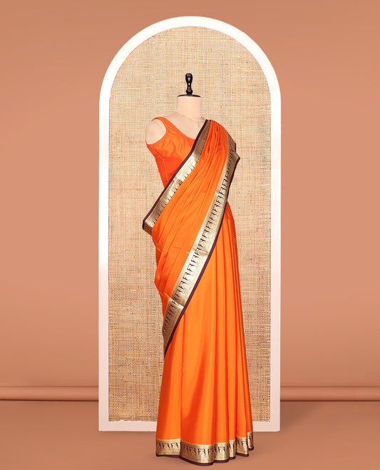 Orange Plain Mysore Silk Saree, Complemented by a Contrast Two-Headed Eagle Zari Border, Zari Design Pallu, and a Contrast Blouse