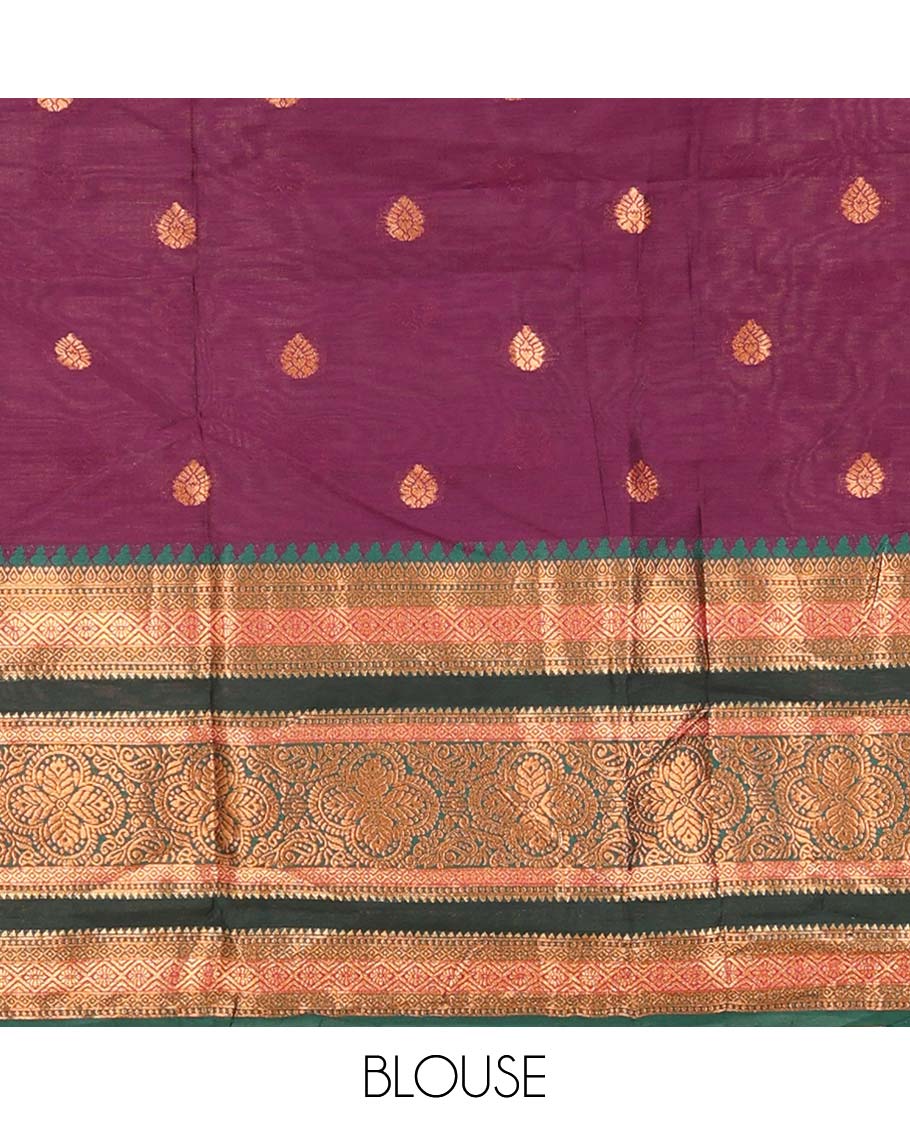 Purple lehenga set, zari buttas with contrast traditional border skirt, matching blouse, and contrast plain zari border dhavani