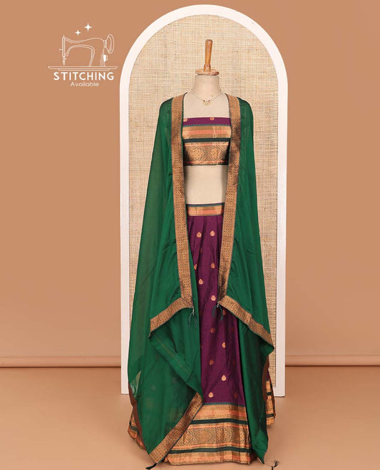 Purple lehenga set, zari buttas with contrast traditional border skirt, matching blouse, and contrast plain zari border dhavani