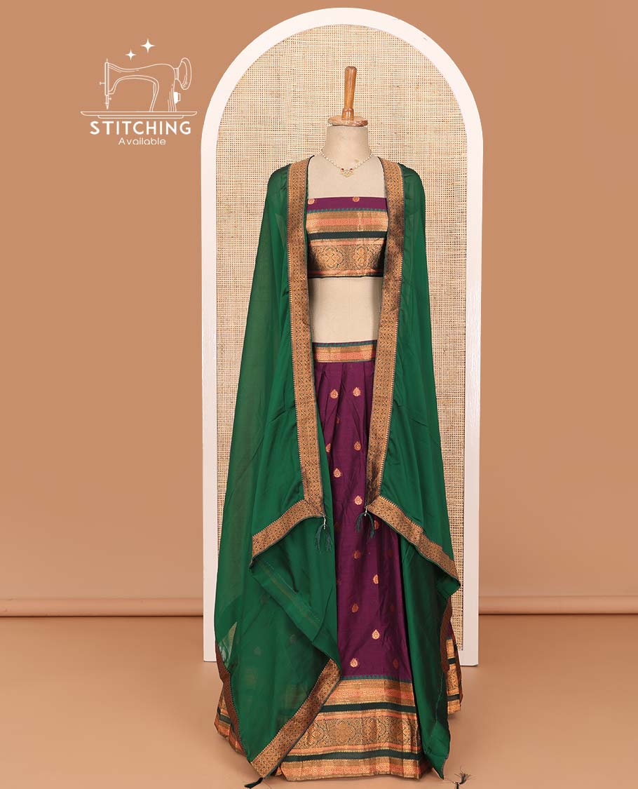 Purple lehenga set, zari buttas with contrast traditional border skirt, matching blouse, and contrast plain zari border dhavani