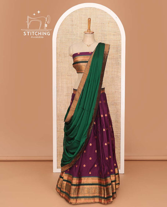 Purple lehenga set, zari buttas with contrast traditional border skirt, matching blouse, and contrast plain zari border dhavani