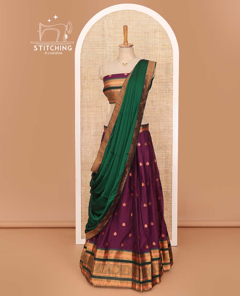 Purple lehenga set, zari buttas with contrast traditional border skirt, matching blouse, and contrast plain zari border dhavani