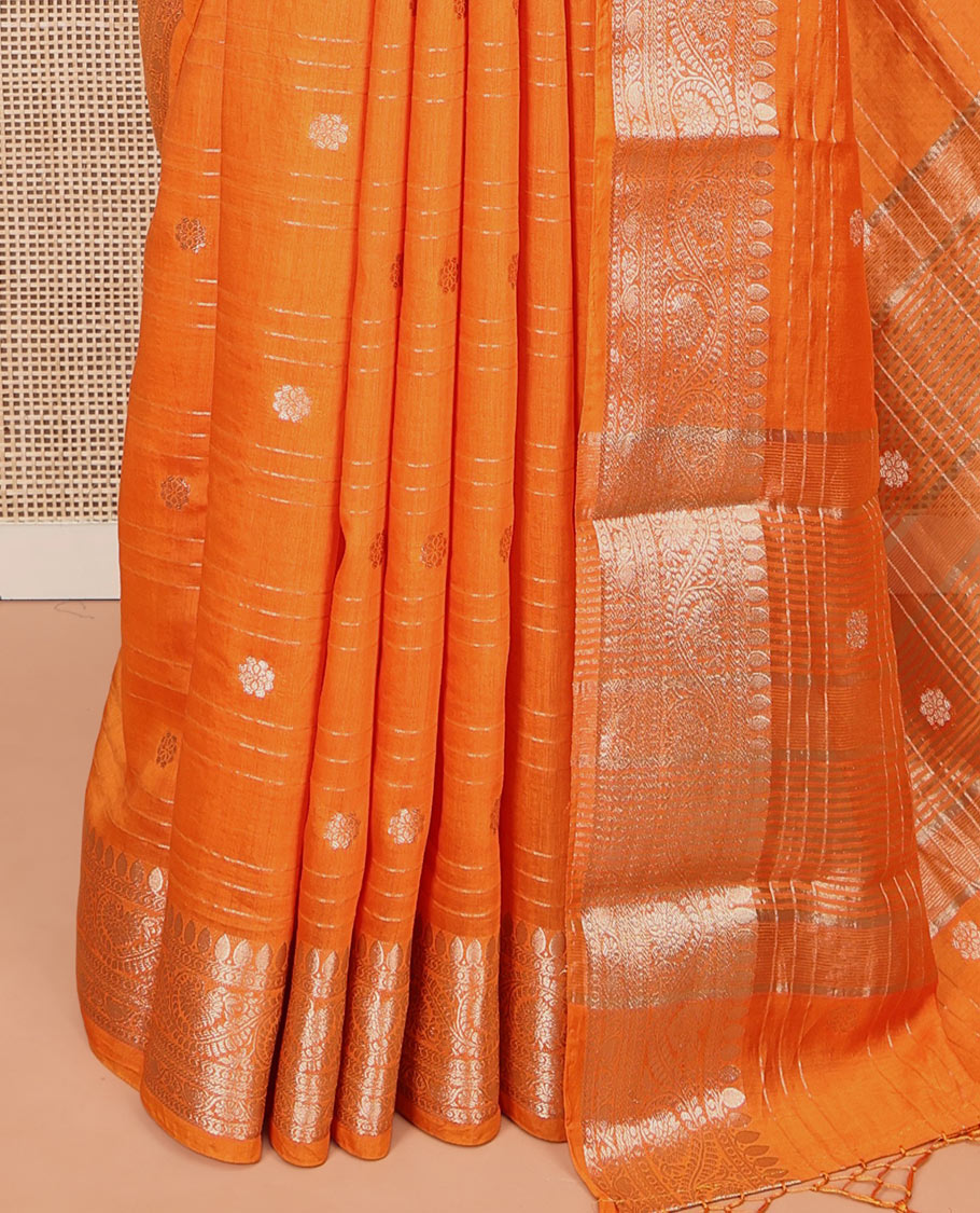 Orange Assam Silk Saree, Dazzled with Zari Buttas and Stripes, Highlighted by a Zari Traditional Woven Border, Zari-Striped Pallu, and a Matching Blouse