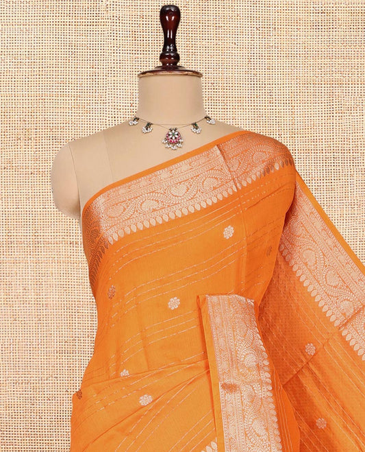 Orange Assam Silk Saree, Dazzled with Zari Buttas and Stripes, Highlighted by a Zari Traditional Woven Border, Zari-Striped Pallu, and a Matching Blouse