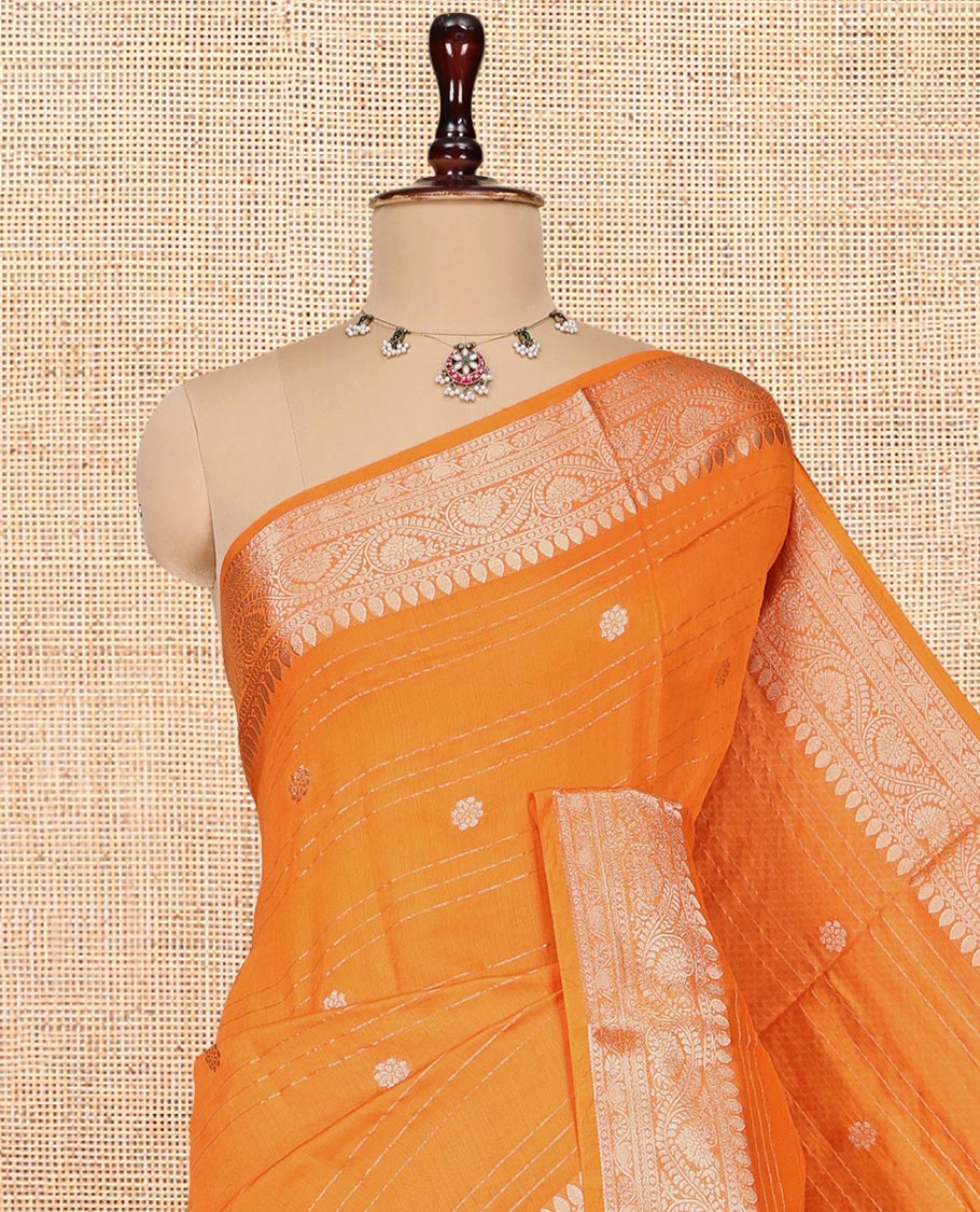 Orange Assam Silk Saree, Dazzled with Zari Buttas and Stripes, Highlighted by a Zari Traditional Woven Border, Zari-Striped Pallu, and a Matching Blouse