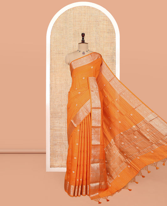 Orange Assam Silk Saree, Dazzled with Zari Buttas and Stripes, Highlighted by a Zari Traditional Woven Border, Zari-Striped Pallu, and a Matching Blouse
